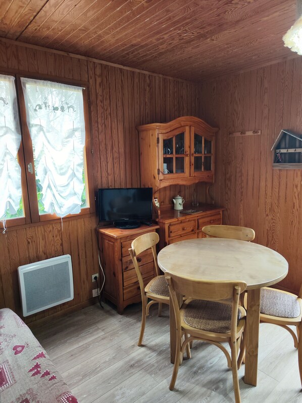 A wooden-paneled room with a TV on a wooden cabinet, a table with chairs, and a radiator.