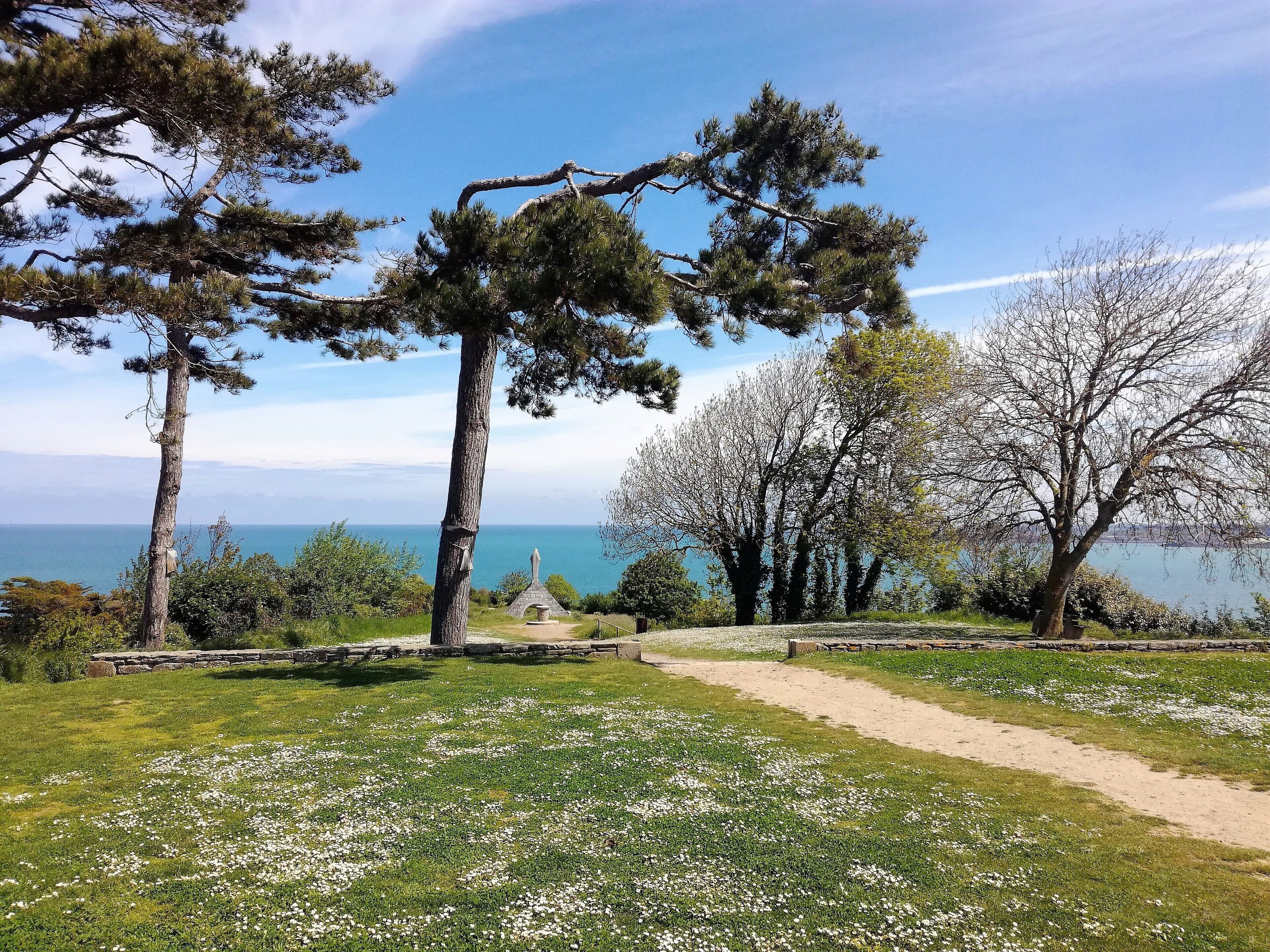 A pathway leading to a statue, surrounded by trees and a view of the sea.