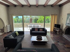 Smart TV, fireplace, DVD player, books