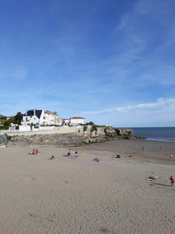On the beach, sun loungers