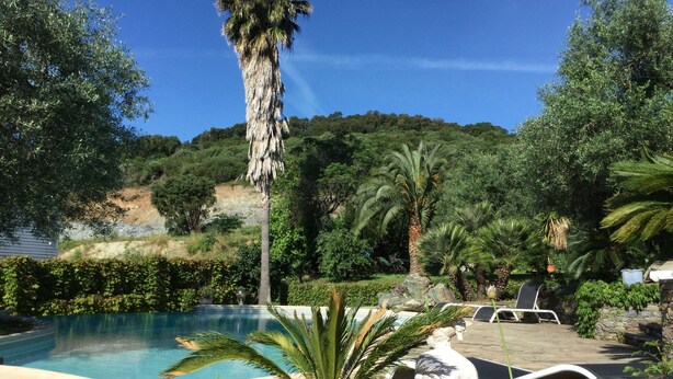 Ein Pool mit Liegestühlen und einer Statue, umgeben von Grünflächen und Hügeln.