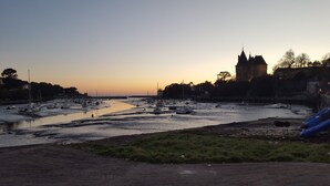 Aussicht auf einen Fluss mit Booten, einer Burg und einer grünen Wiese.