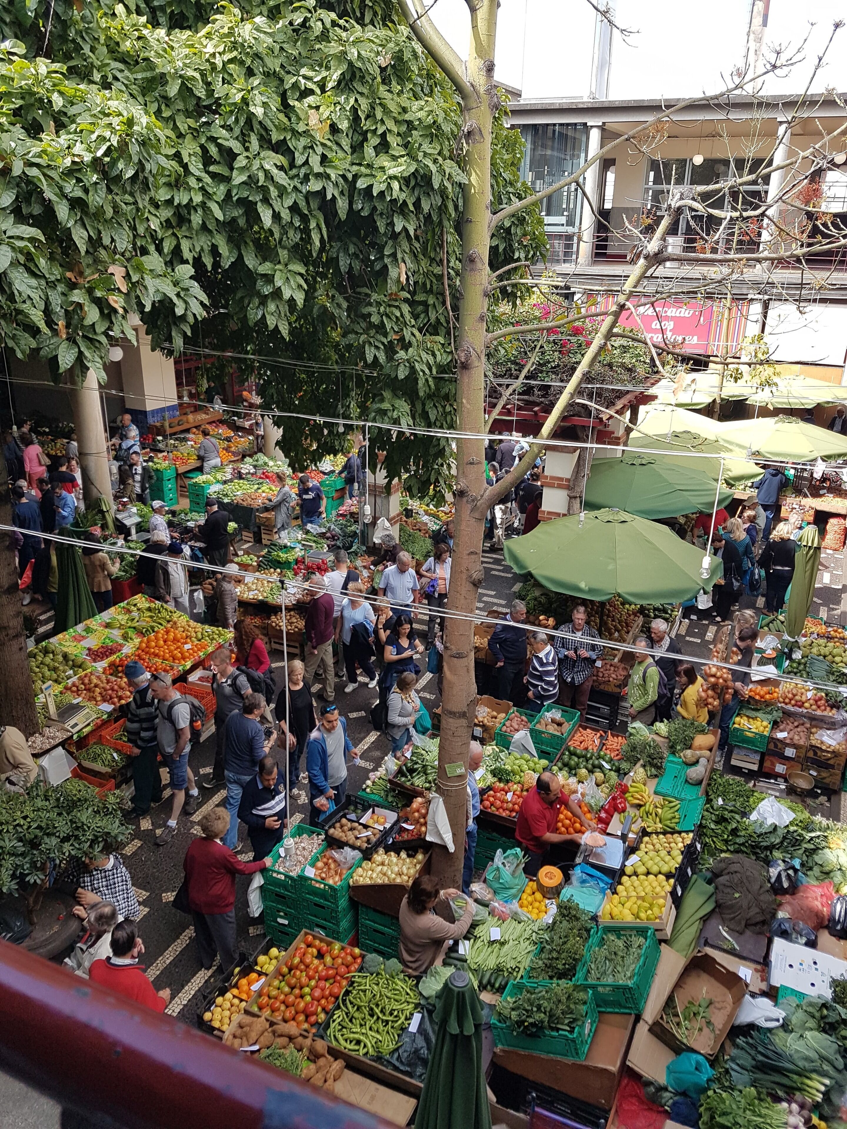 Mercat a l'aire lliure amb diferents parades que venen fruita i verdures.