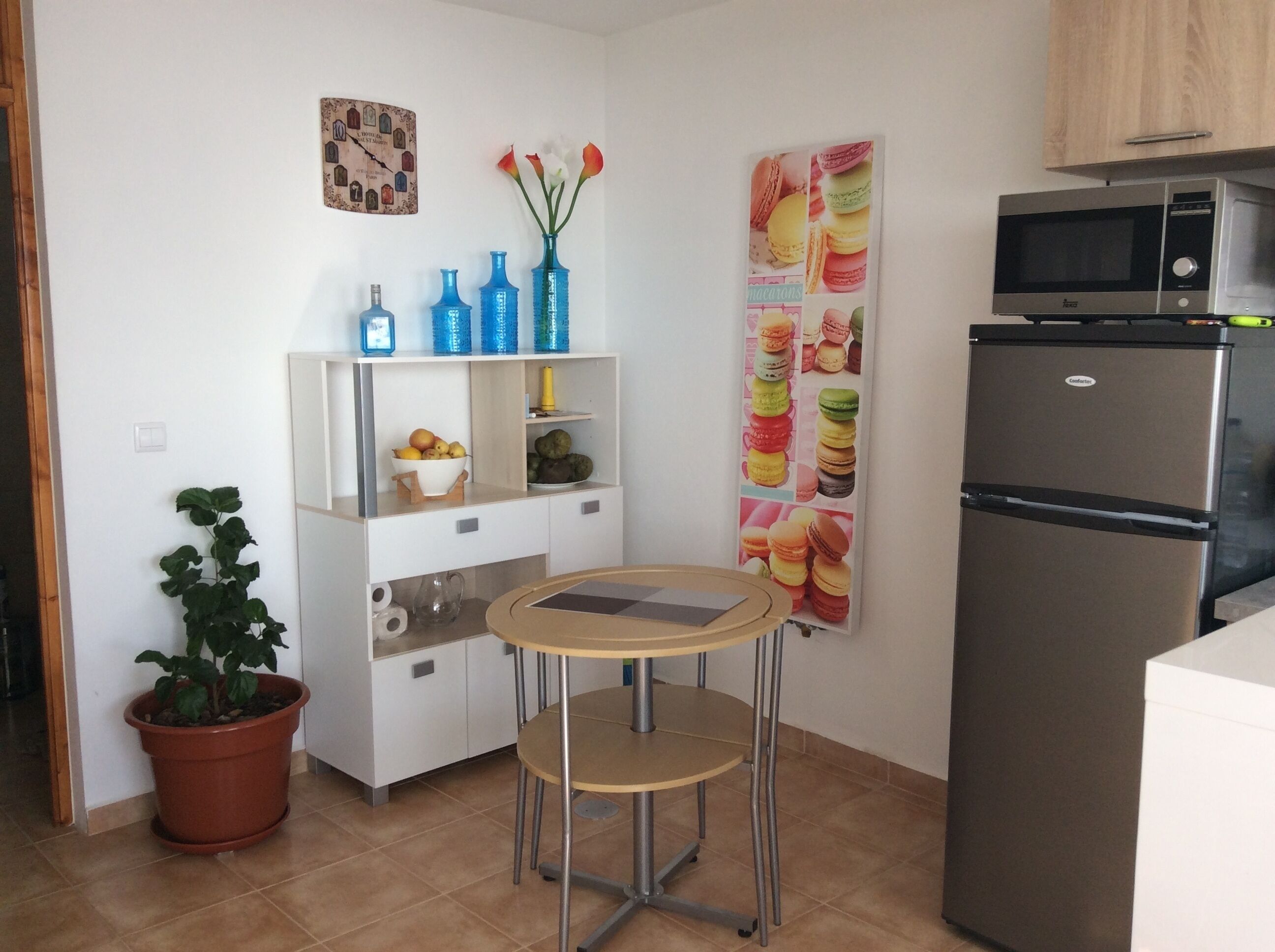 Una cocina compacta con refrigerador, microondas, una mesita y una planta en maceta.