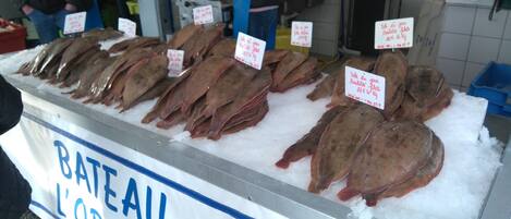 Una exhibición de mariscos sobre hielo, con la etiqueta 'Bateau L'OPH' y letreros de precios en un idioma extranjero.