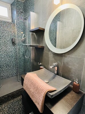 Regadera, secadora de cabello, toallas, papel de baño