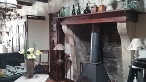 A cozy living room with a fireplace, a sofa, a table with a vase of flowers, and a lamp. - Chez Mathilde in Rarécourt (Rarécourt)