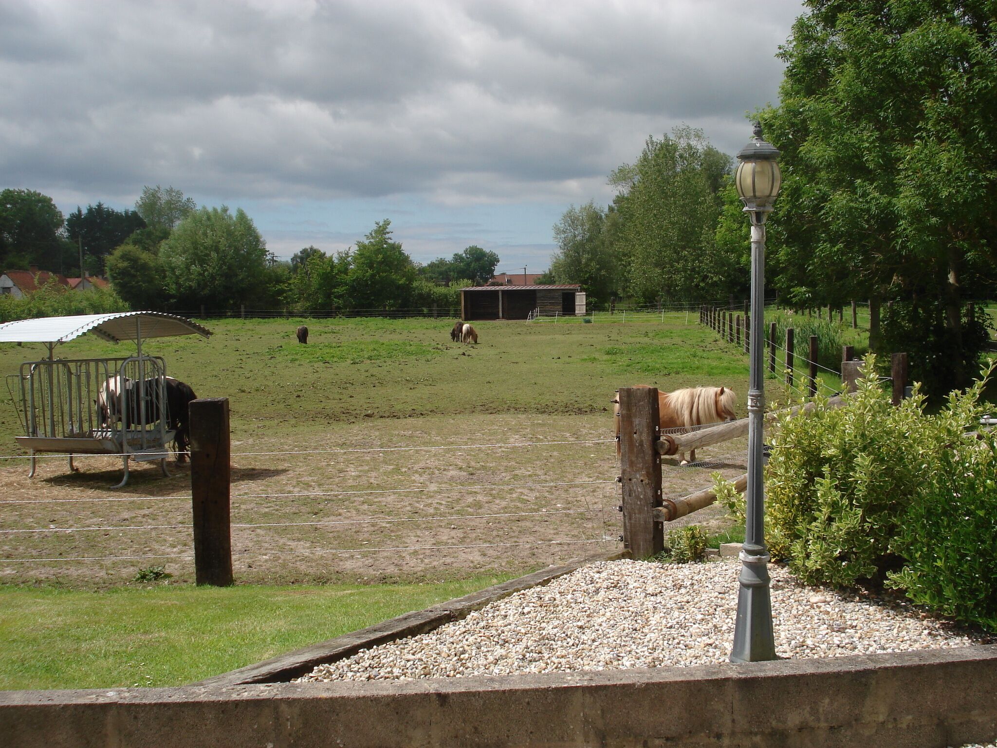 A fenced outdoor area with a metal structure and a lamp post.