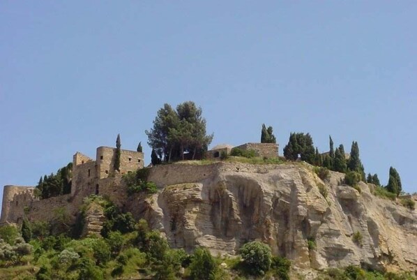 Un château de pierre historique, perché sur une colline rocheuse et entouré d’arbres.