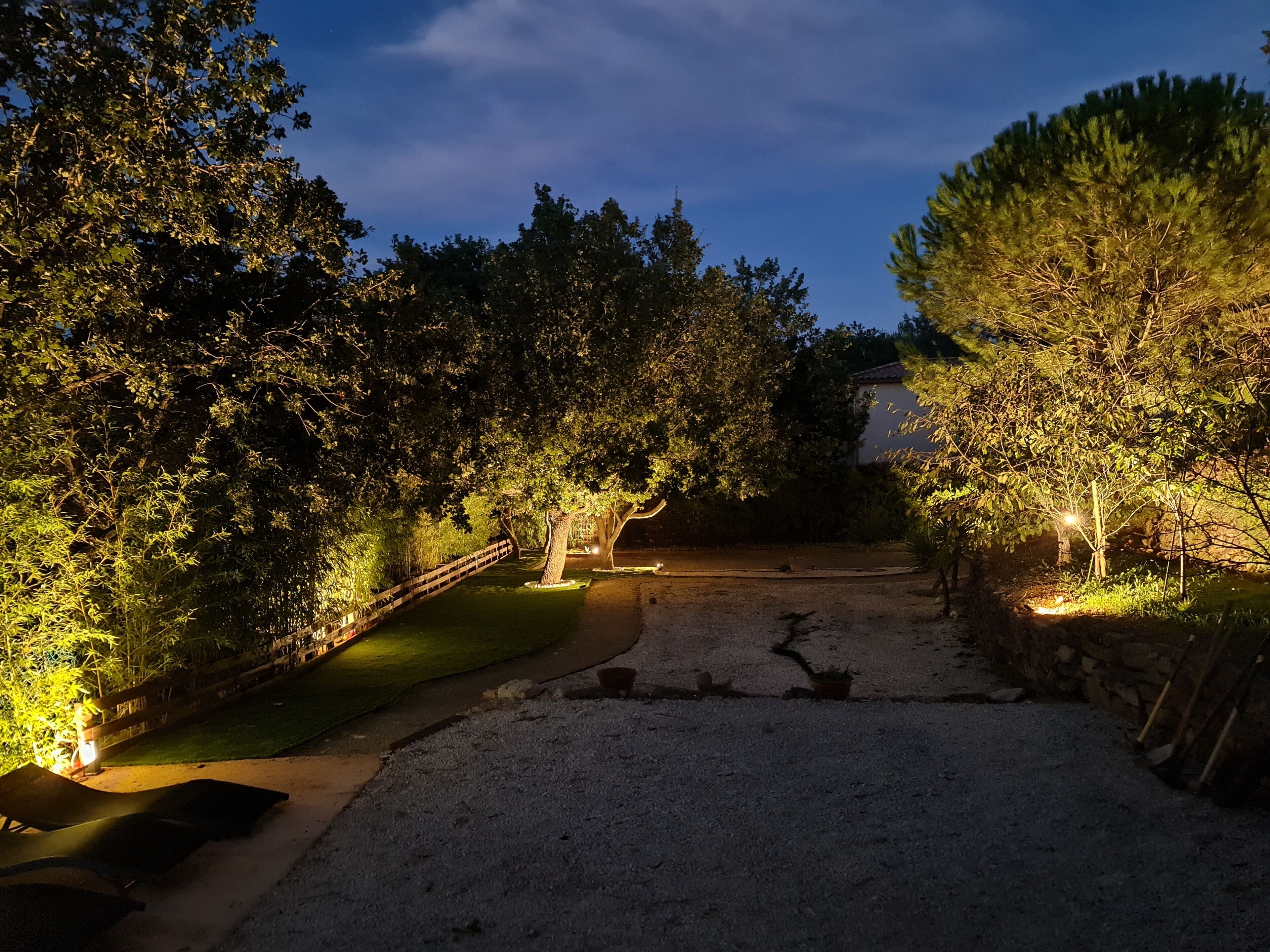 A pathway flanked by trees and illuminated by soft lighting, leading to a building.