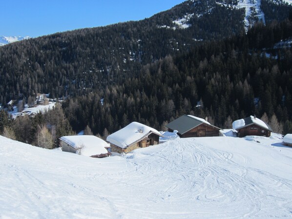 Un pueblo cubierto de nieve con casas de madera y una montaña boscosa al fondo.