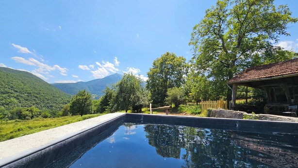 A swimming pool with a mountain view, surrounded by trees and a wooden structure.