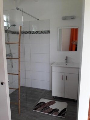 Shower, hair dryer, towels, toilet paper