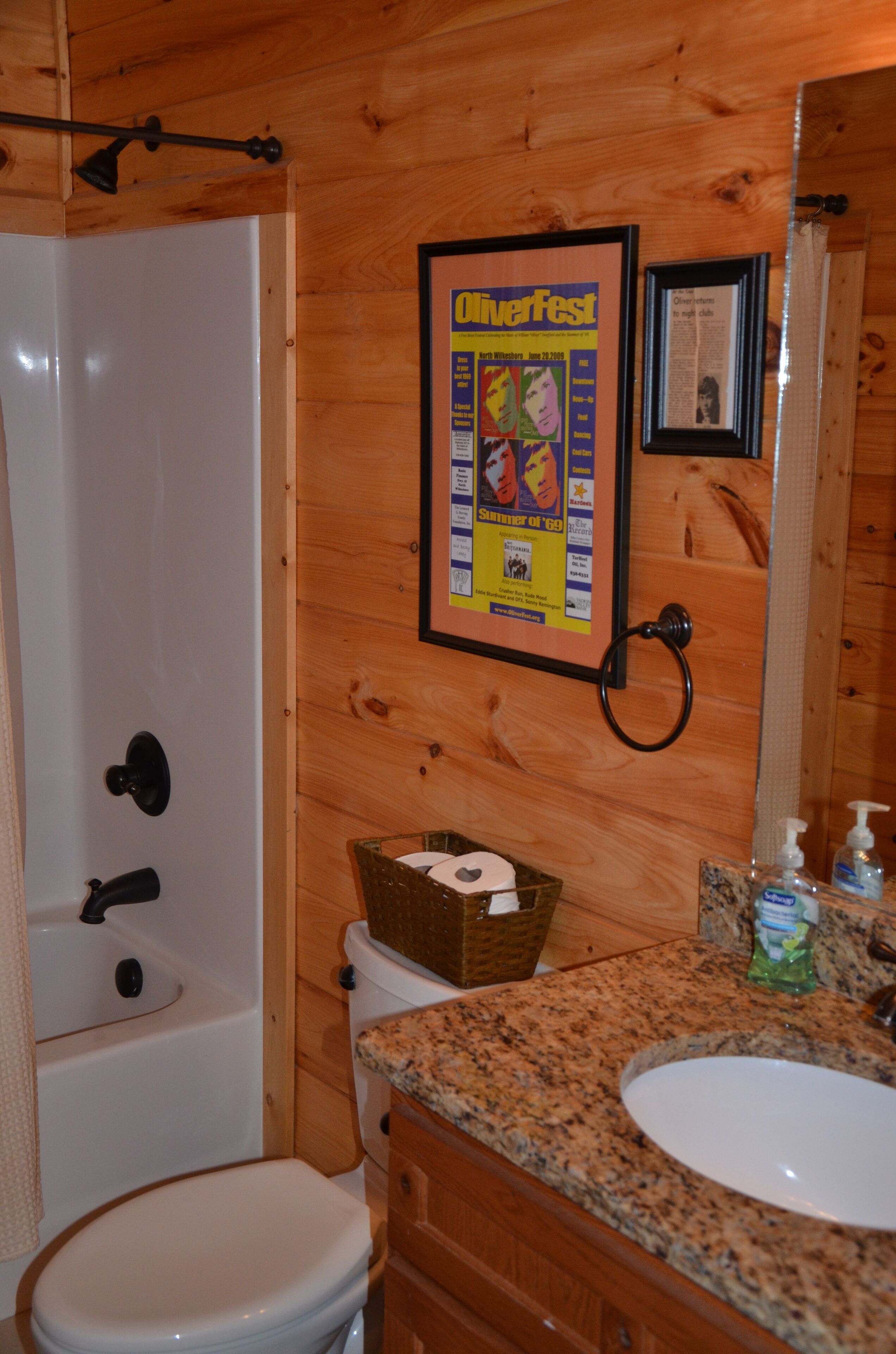 A wooden cabin bathroom with a white toilet, a shower, a sink with a granite countertop, and a framed poster on the wall.