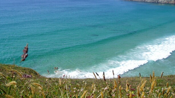 A coastal landscape with a clear view of the sea and a grassy cliff.
