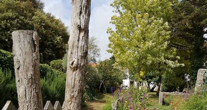 une charmante petite maison au fond d'un jardin clÎturé de murs en pierre
