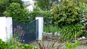 A garden with a black gate, lush greenery, and various plants. - Séné seaside lodging (classified 2 stars) (Séné)