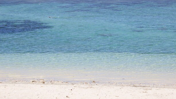 Een strand met helder turquoise water en een zandstrand.