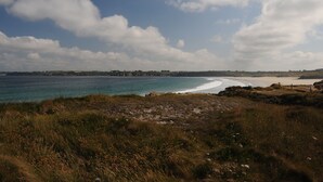 Paisagem costeira com praia, áreas gramadas e uma vila ao longe.