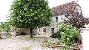 Une maison en pierre avec un toit en tuiles, un grand arbre devant et une allée gravillonnée.