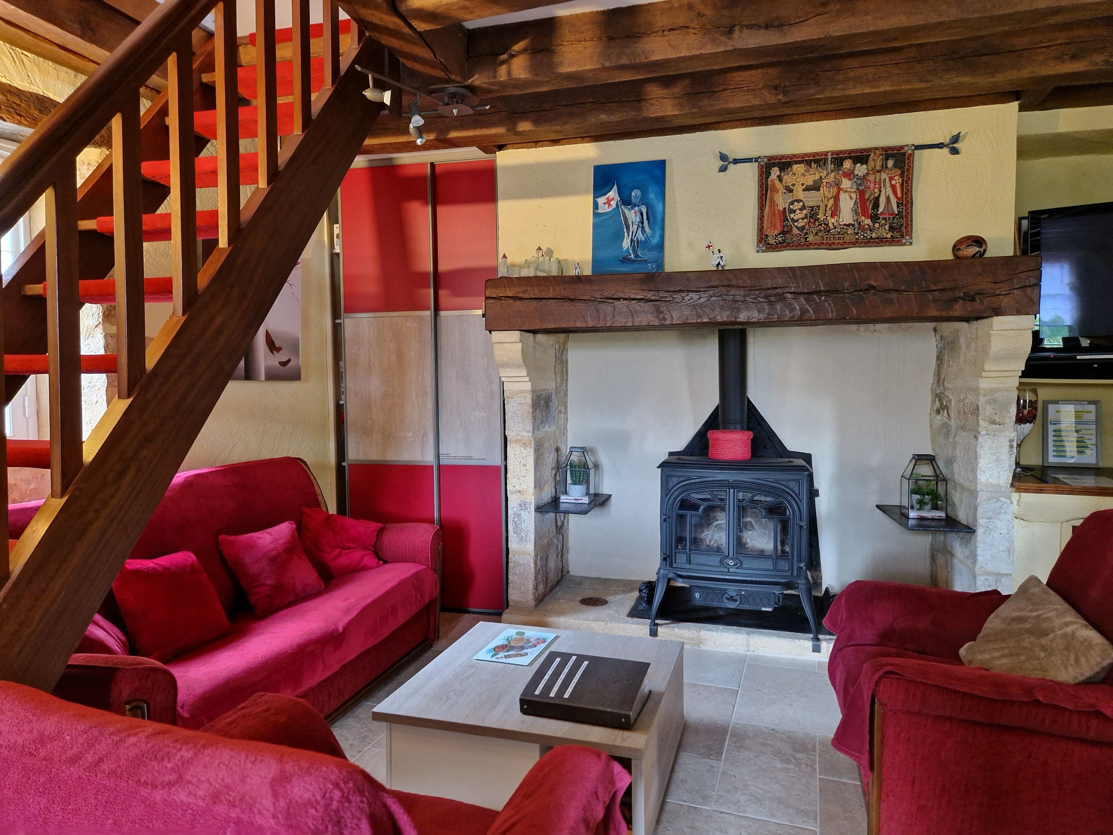 テレビ、暖炉、DVD プレーヤー、書庫