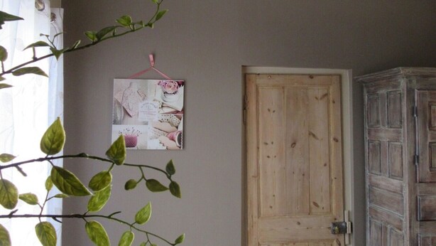 A room with a wooden door, a radiator, and a hanging floral lantern.