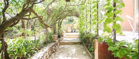 A stone pathway leading through a lush garden with potted plants and hanging lanterns.
