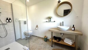 Un bany modern amb un envàs de dutxa de vidre, un vàter, un lavabo amb mirall i un suport per a tovalloles.
