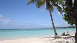 A beach with clear turquoise water, palm trees, and a few people in the distance.