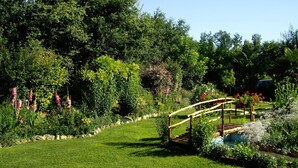 Um jardim com uma ponte de madeira, vegetação exuberante e diversas flores.