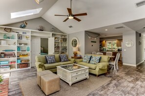 Smart TV, fireplace, DVD player, books