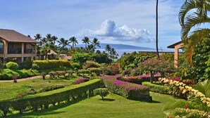 Un jardin luxuriant, avec des haies bien taillées et des fleurs aux couleurs vives, un palmier et une vue sur l’océan.