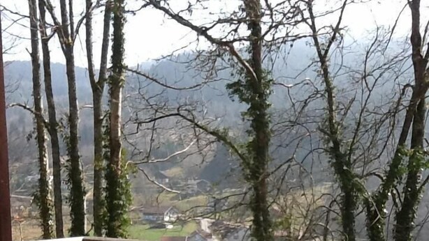 A wooden deck with a table set for a meal, overlooking a mountainous landscape. - Gérardmer, superb valley view, Gite ****, Internet, TV, Short Stay adm (Rochesson)