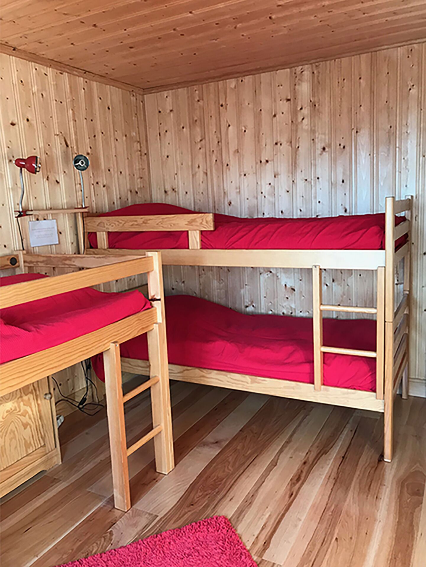 Une chambre avec un lit superposé, des murs et un plancher en bois, un bureau avec une chaise et un tapis rouge.