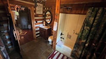 Combined shower/tub, hair dryer, towels, soap