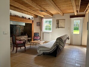 Télévision, cheminée, lecteur de DVD, baby-foot