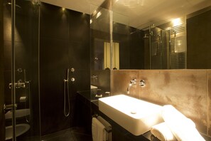 Shower, hair dryer, bidet, towels