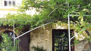 Edificio de piedra con jardín que incluye una maceta azul, un farol blanco y diversas plantas.