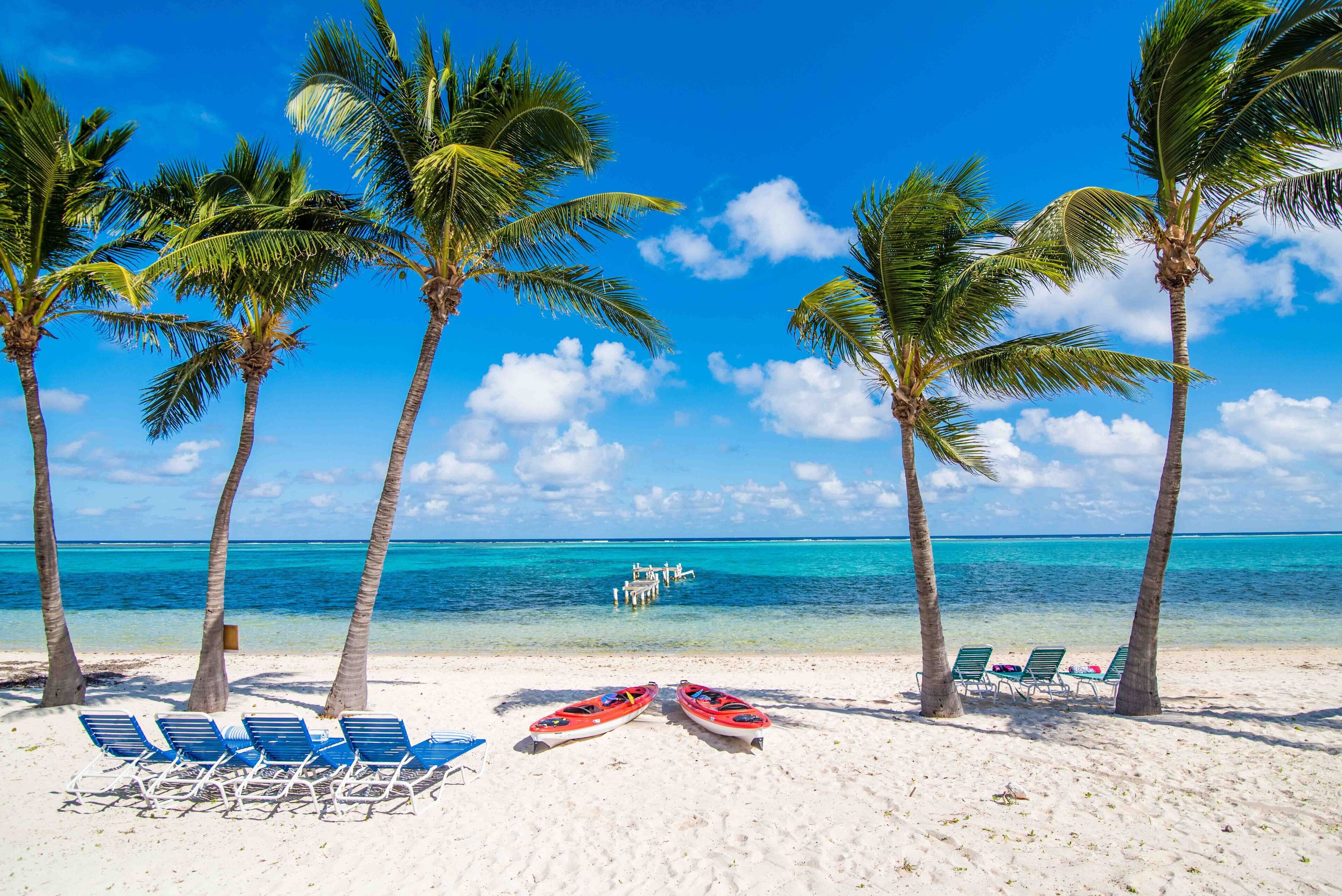 On the beach, sun-loungers