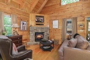 Smart TV, chimenea, libros y bocina smart