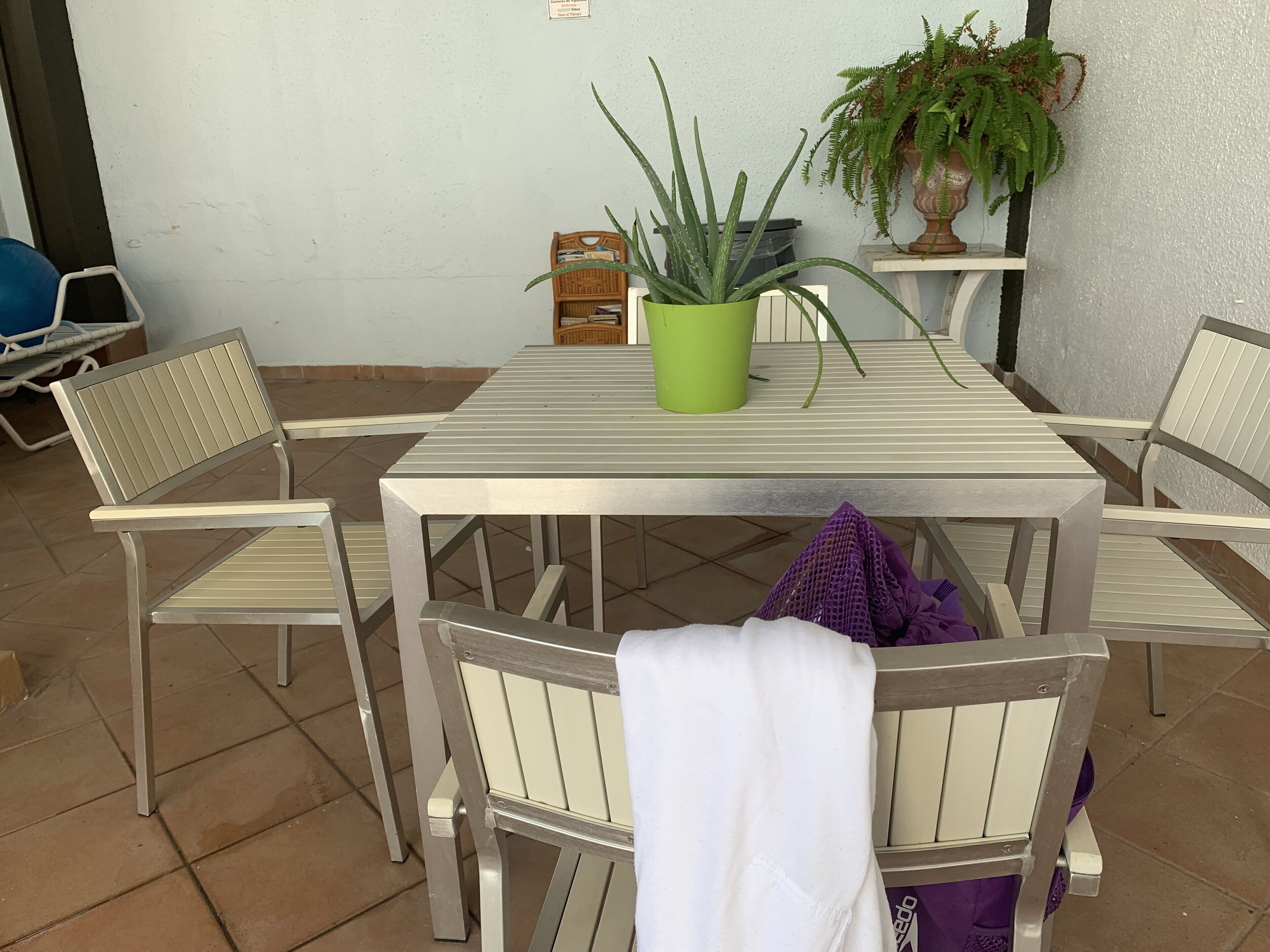 A patio area with a table and chairs, a potted plant, and a small shelf with items.