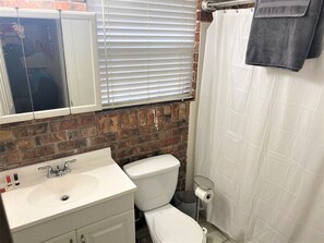 Combined shower/tub, hair dryer, towels, soap