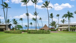 A resort with a well-maintained lawn, palm trees, and buildings with a tropical architectural style. - Spacious Studio Beach Chic, Walk to Sandy Napili Bay-Napili Shores C116 (Lahaina)
