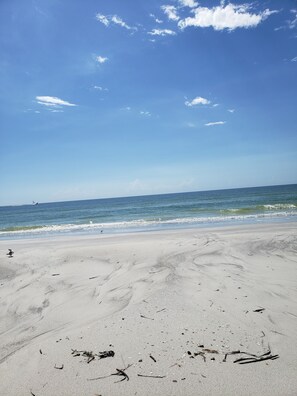 Une plage avec un ciel dégagé et une mer calme.