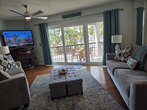 Smart TV, fireplace, DVD player, books