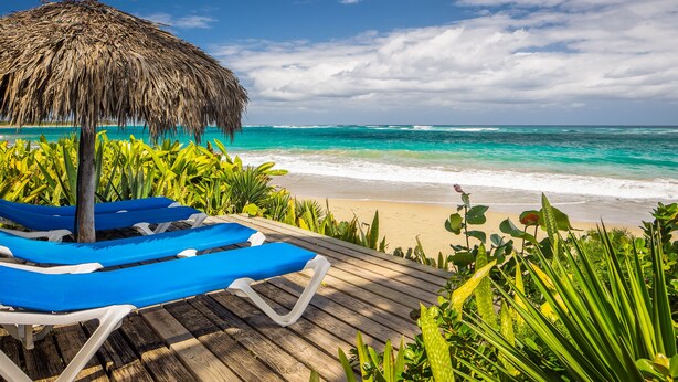 A wooden deck with blue lounge chairs and a thatched umbrella overlooking a beach. - Cabarete - on Kite Beach - Luxury Beachfront Condo w Gardens, Pool & Internet   (caberate)