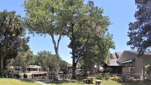Un quartier résidentiel avec un sentier, des arbres et des maisons.