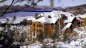 Un chalet composé de plusieurs bâtiments en bois, un paysage enneigé et un lac en arrière-plan.