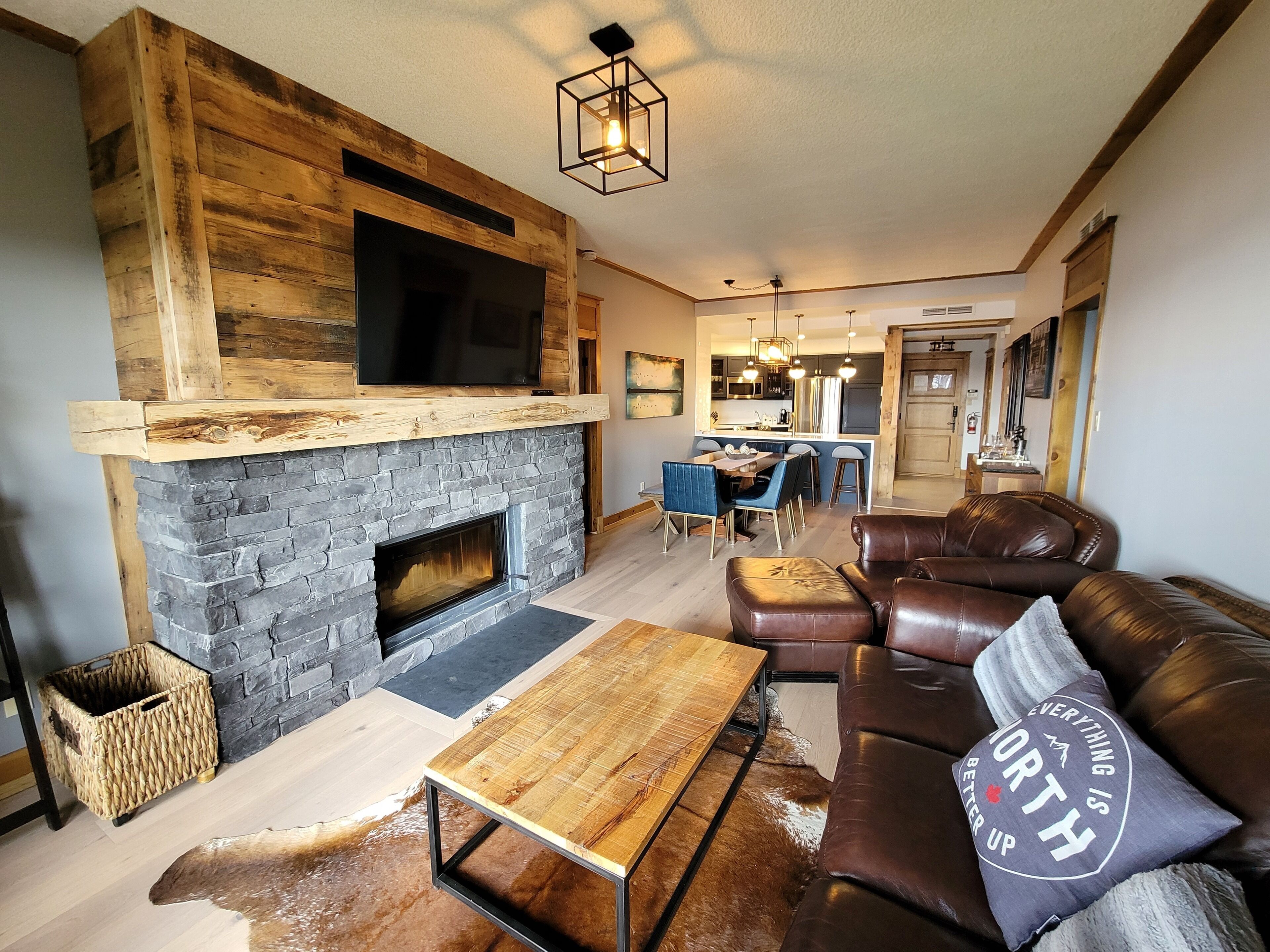 Smart TV, fireplace, DVD player, books