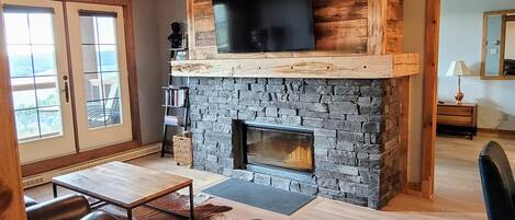 Smart TV, fireplace, DVD player, books